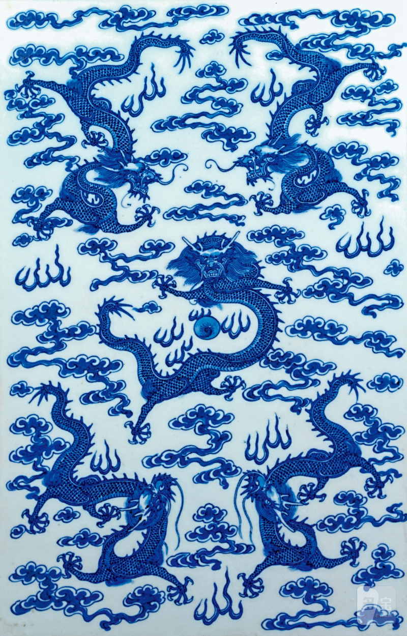 清光绪 青花五龙图瓷板